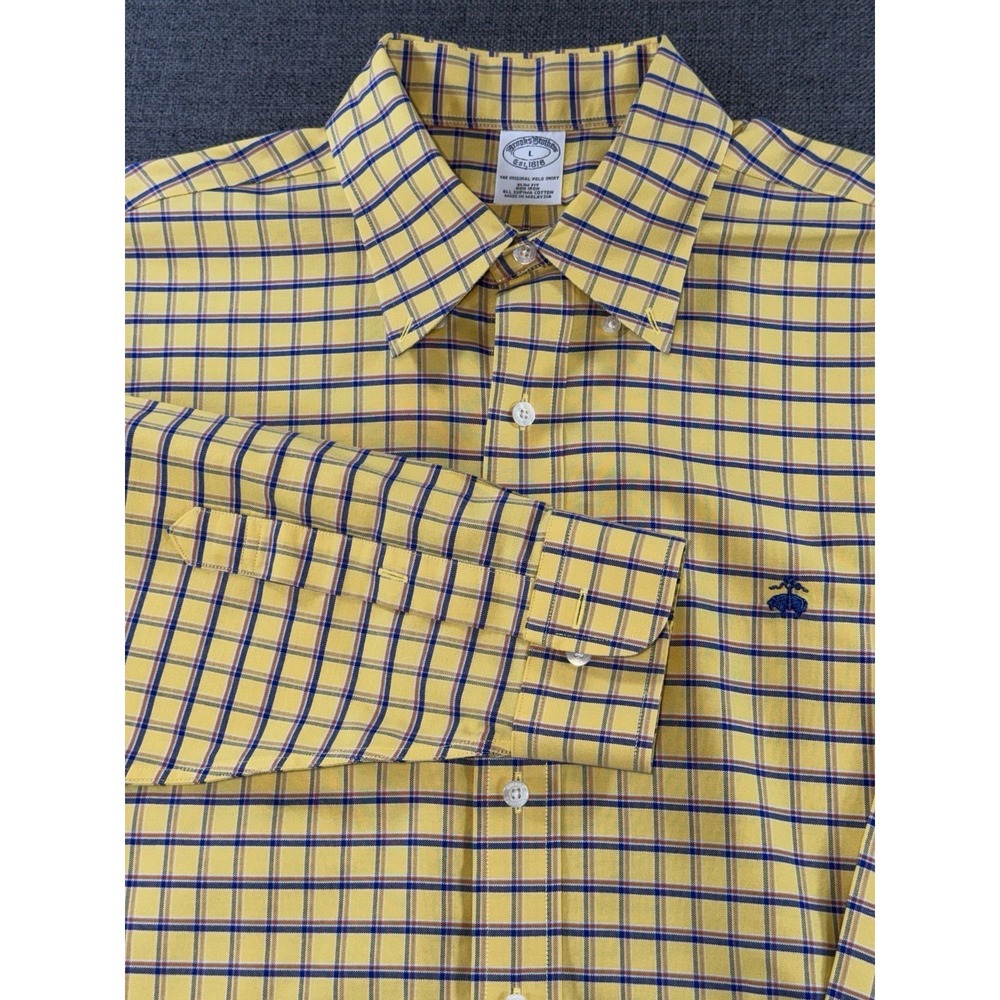 Brooks Brothers 1818 Men's L Yellow Plaid Supima Cotton Slim Fit Dress Shirt